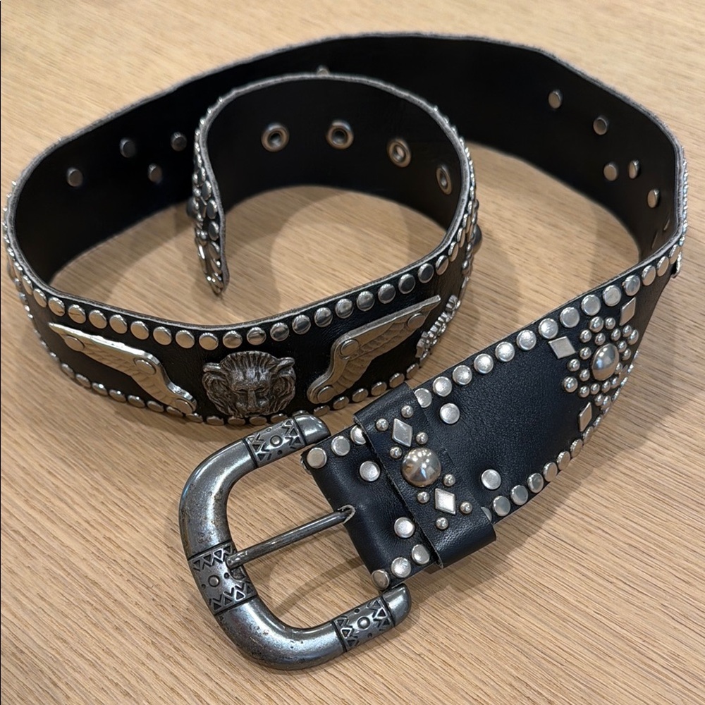 Kippys Black Studded Leather Belt with Silver-Tone Eagle and Lion Accents
